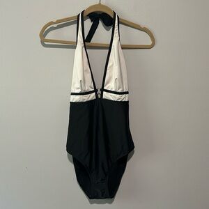 La Blanca by Rod Beattie Black & Pearl White Halter One Piece Swimsuit Sz 12